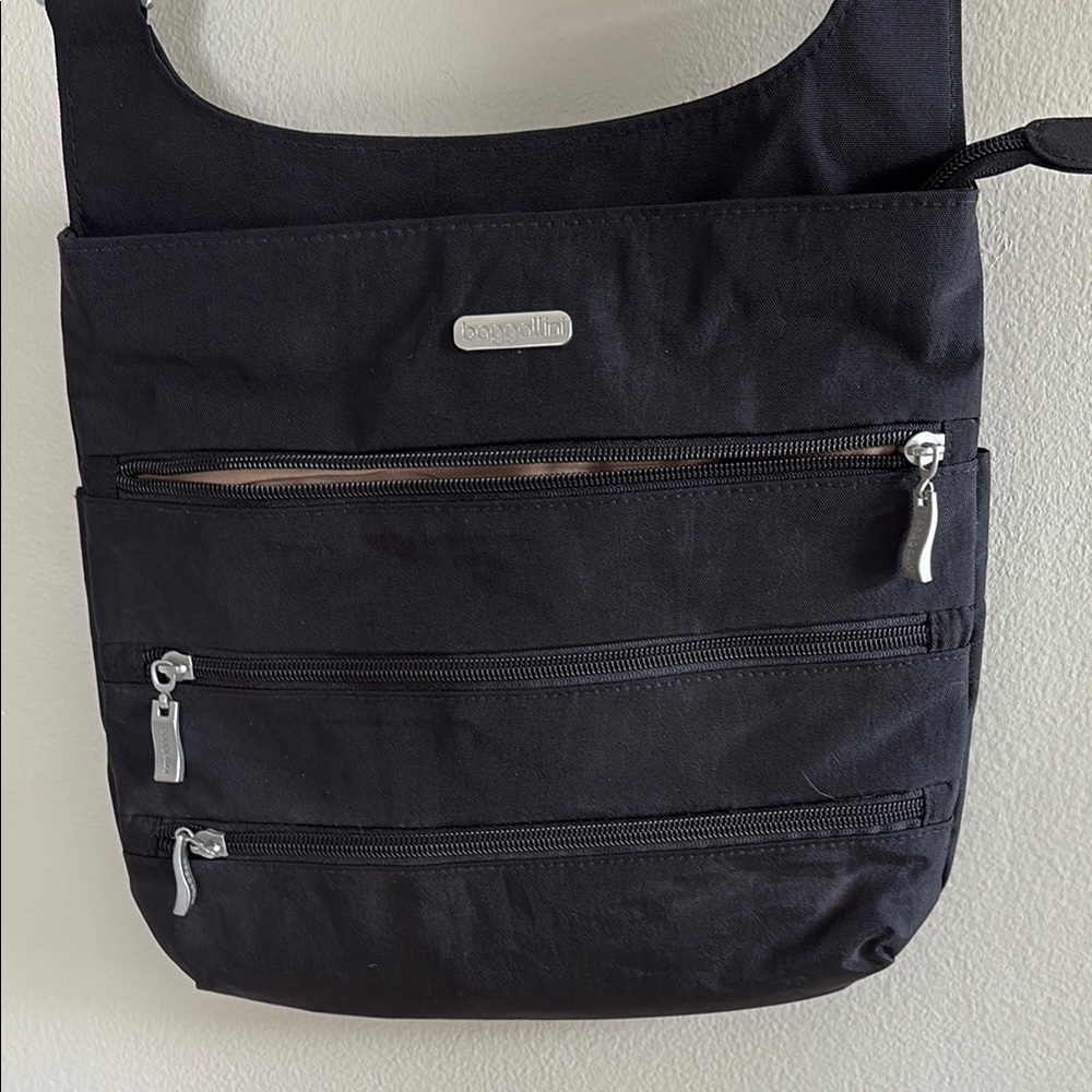 Baggallini Black Crossbody Bag with Durable Fabric and Silver Accents